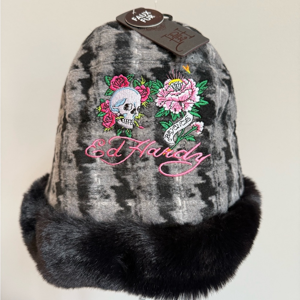 Ed Hardy Black & Gray Beanie with faux fur trim. Embroidered Skull & Flowers